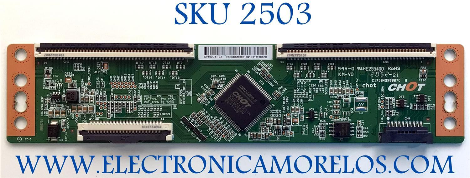 T-CON PARA TV VIZIO / NUMERO DE PARTE CV500U3-T03 / E3CCBB5000D / C17504SS0007C / E3CCBB5000D10G1GX12T0DBPH / PANEL TPT500WR-U3T03.DJ REV:S01U / DISPLAY CV500U3-T03 REV:01 / MODELO M50Q7-J01 LTYHG7KX